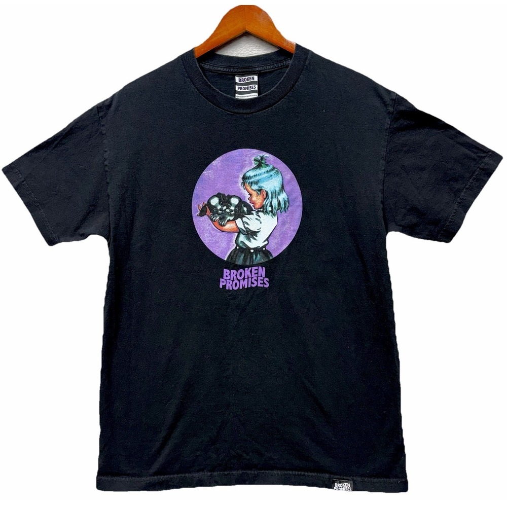 Broken Promises Girl with Dog Anime Graphic T-shirt Size L Black Heartbreak Emo‎